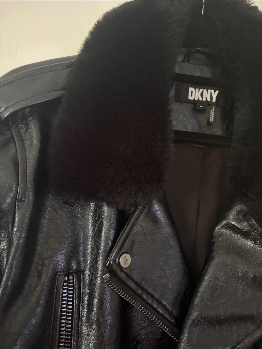 DKNY Black Faux Leather Moto Jacket with Plush Collar - Picture 2 of 3